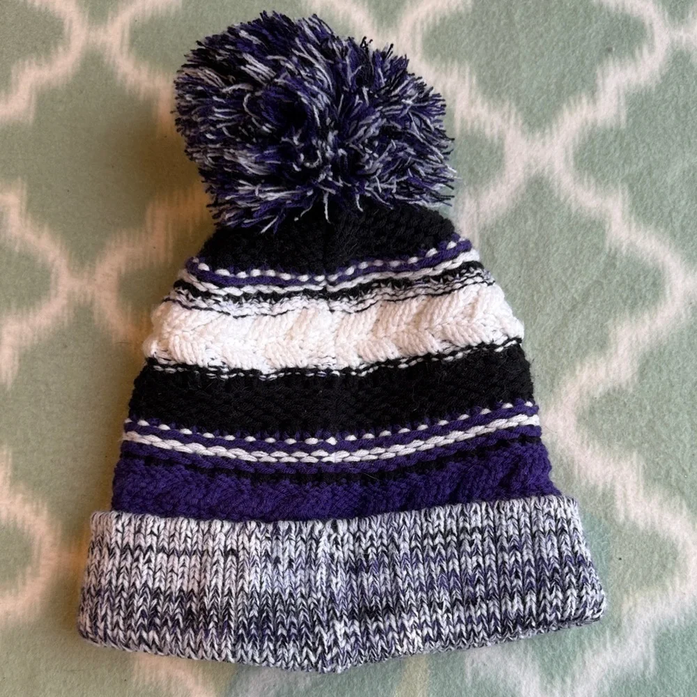 NWOT Sport Tek Purple black chunky knit beanie with pompom